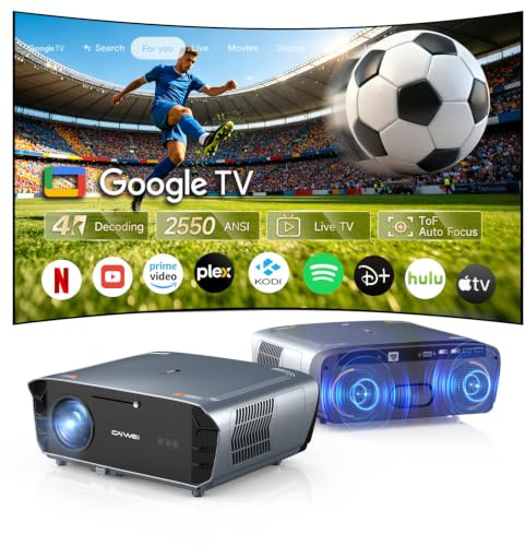 4K Projector【Officially Google TV | 2550 ANSI】Smart Daytime Home Projectors with 35W x 2 Speaker DoIby Audio ToF Auto Focus Shorter Throw HDMI ARC Outdoor Movie Projector with WiFi 6 and Bluetooth NFC