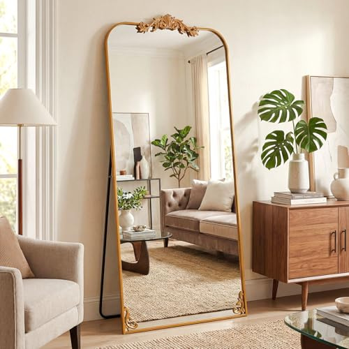 Antok Arched Full Length Mirror, 71x32 Floor Mirror with Carved, Full Body Mirrors for HomeDecor, Standing/Halling Large Wall Mirror for Bedroom, Living Room, Cloakroom, Gold, Luxury Style