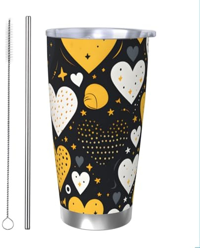Mexpekil Bicchiere termico da 590 ml, con cannuccia e coperchio, in acciaio inox, con cuore giallo, per San Valentino, a tenuta stagna, da viaggio, idea regalo per donne e uomini