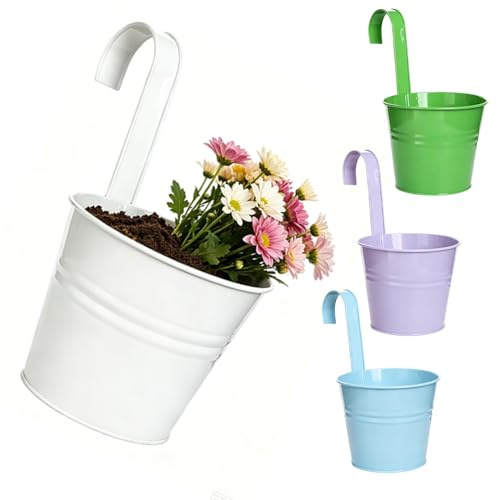 Calenxy 4er-Set Hängebkorb Blumentopf 26 x 16cm Pflanztopf Blumentöpfe mit abnehmbaren Griff, Ablaufloch Robust & Langlebig farbenfroh, Haken für Blumen Kräuter Sukkulenten Pflanze