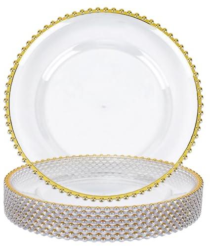 AHANDMAKER 8Pcs Clear and Gold Charger Plates, 13 Inch Reusable Plastic Charger Plate with Golden Beads Trim Elegant Round Decorative Plates for Dinner Birthday Party Wedding Mother's Day