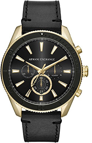 Armani Exchange Watch, herrkronograf i rostfritt stål, läderrem, Guld, Rem