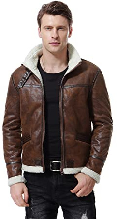 AOWOFS Kunstlederjacke Herren Winterjacke Fellkragen Vintage | Kunstleder Reißverschluss Stehkragen schräge Taschen Fleecefutter kombinierbar mit Hemd Pullover Jeans im Winter Alltag
