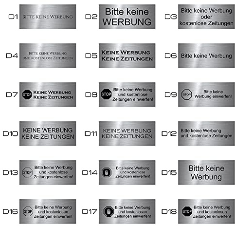 Echtes Edelstahl Türschild Briefkasten-Schild | freie Design-Auswahl - Größe: 8x3,5 cm  Bitte keine Werbung oder kostenlose Zeitungen  | Türschild für den Briefkasten Stop
