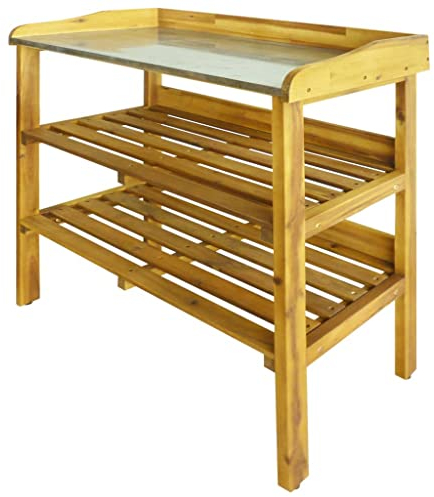 vidaXL Akazienholz Msssiv Pflanztisch mit 2 Ablageböden Pflanzentisch Gärtnertisch Blumentisch Gartenwerkbank Umtopftisch Terrasse Garten Zink