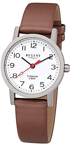 Regent Damen Armbanduhr aus Titan und Leder in der Farbe Silber-Braun 27mm, Wasserdichtigkeit: 5Bar, 12090311
