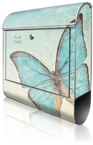banjado Design Briefkasten personalisiert 38,5x46,5x13cm & 2 Schlüssel - Briefkasten Stahl Silber Zeitungsfach pulverbeschichtet - Postkasten A4 Einwurf inkl. Montagematerial - Motiv Blaue Schmetterli