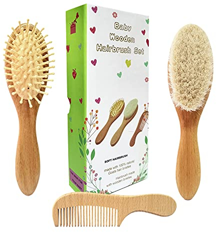 3PCS Baby-Haarbürste und Kammsatz für Neugeborene - Haarbürste aus Naturholz mit weichen Ziegenborsten für die Wiegenkappe - Perfektes Kopfhautpflegemittel für Säuglinge, Kleinkinder und Kinder