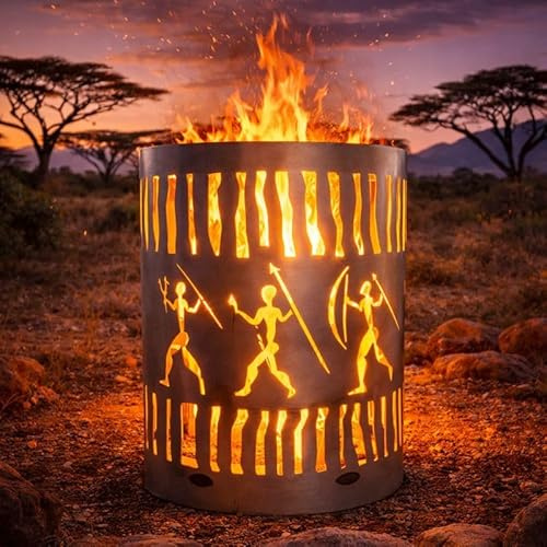 TiKo-Design® Feuertonne - Lagerfeuertonne - Feuerkorb mit Afrika Motiv – Verleihen Sie Ihrem Garten EIN besonderes Ambiente für unvergessliche Abende mit ihren Freunden