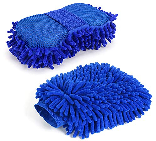 SteelFever Set of 2 Car Wash Cleaning Kit, Microfiber Chenille Cleaning Sponge Built in Hand-Strap and Car Wash Mitt
