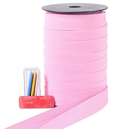 Bias Tape Double Fold 1 inch, Double Fold Bias Binding Tape 55 Yards (Pink) and 4 Pieces Sewing Fabric Chalks for Crafts, Sewing, Seaming, Hemming, Piping, Quilting.