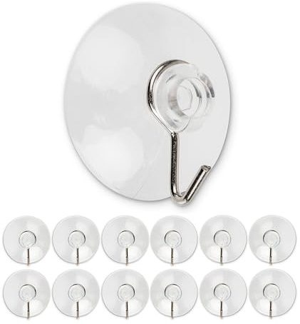 Saugnapf Haken, 12 Stück, mit Ø 40 mm Sauger und Metallhaken, Transparent, Mehrzweckhaken für Bad, Küche, Wandfliesen, Fenster, Spiegel, Saughaken Set, universal Wandhaken, Haftsauger, Handtuchhaken