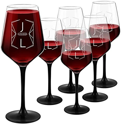 Maverton Ensemble de 6 Verres personnalisés à vin pour couples | Verres classiques pour anniversaire, Verre gravé pour mariage, Verre à pied noir pour jeunes mariés, Géométrique