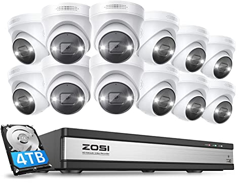 ZOSI 4K Überwachungskamera Set Aussen, 12X 8MP PoE IP Outdoor Kamera mit AI Personenerkennung, 16CH 4TB HDD NVR für 24/7 Videoüberwachung, 2 Wege Audio, KI Personen-/Fahrzeugerkennung, C225
