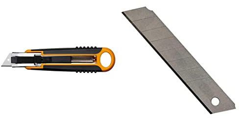 FISKARS Taglierino Safety Cutter, 18 mm, Nero/Arancione, 1004683 & Original Lame di ricambio per taglierino, 18 mm, 10 Pezzi, 1004615