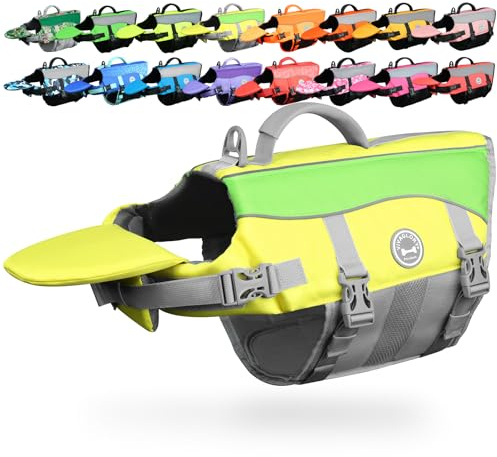 VIVAGLORY Front Float Schwimmweste Hund, Hundeschwimmweste für Bootfahren, Schwimmweste with Kopfstütze, Auftrieb & Schwimmhilfe, M, Gelbgrau
