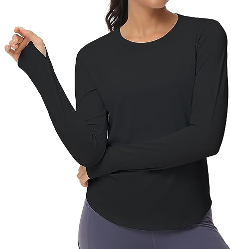 THE GYM PEOPLE Damen Langarm Sportshirt Rundhals Laufshirt mit Daumenloch | Daumenlöcher, Hautfreundlich, Geschwungener Saum, Atmungsaktiv, Stretch, Leicht, Sport Oberteile für Yoga Fitness Freizeit