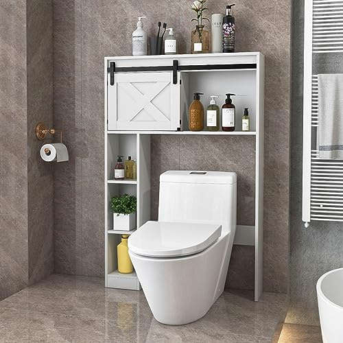 COSTWAY Meuble WC au-Dessus de Toilettes en Bois avec Porte Coulissante, Meuble de Rangement Moderne de Salle de Bain avec Dispositif Anti-basculement, 17 x 84 x 128 cm (Blanc)