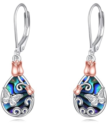 Månsten örhängen 925 sterlingsilver fjäril/trollslända/bi blomma hävstång träd droppar örhängen Larimar turkos abalone mussla smycken födelsedag presenter för kvinnor flickor, 16 EU, Sterlingsilver