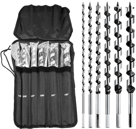 NICAVKIT 6Pcs 12-Inch Long Auger Drill Bit Set for Wood, 1/4-7/8 Inch Hex Shank Ship Auger Drill Bit for Soft and Hard Wood, Plastic, Drywall and Composite Materials