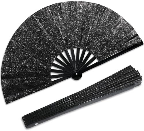 Qyeahkj Ventaglio a mano nero glitterato per uomini e donne grande ventilatore pieghevole a mano rave clack ventilatore portatile cinese Tai Chi Kung Fu ventilatore pieghevole in tessuto decorativo