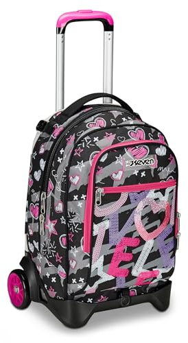 Seven Trolley Scuola Jack 2 Ruote, Nero Fucsia, Draft Heart, 3 in 1, Triplo Uso, Zaino Con Carrello Sganciabile, Tasca Porta Borraccia e Crossover System, Zaino Scuola Viaggio, Bambina Ragazza