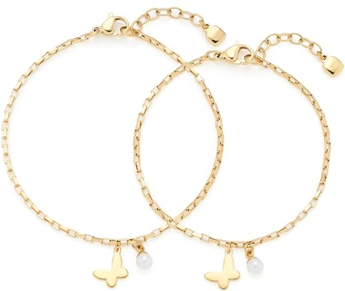 JEWELS BY LEONARDO Armband Julien Mutter & Tochter • Arm-Ketten Set aus goldfarbenem Edelstahl • Anker-Vierkant-Kette mit Imitationsperle und Schmetterling-Anhänger • Schmuck Geschenk • 023921