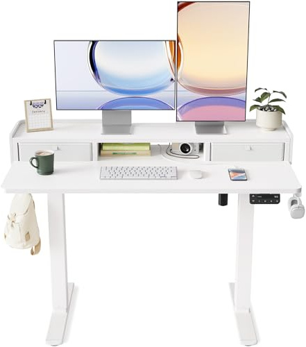 YIHAYO Escritorio Elevable Eléctrico con cajones y estantes para Monitor 120 x 60 cm, Standing Desk Mesa Escritorio Elevable con Ganchos, Stand Up Desk, Escritorio de Oficina en casa(Blanco)