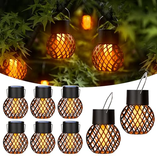 GIGALUMI Solar Lights Outdoor Garden, 8 Pack Flickering Flame Solar Hanging Lights, Waterproof for Garden, Yard, Fence, Tree
