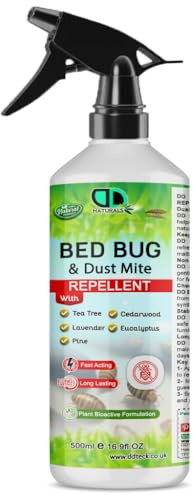 DD Teck Natural Bed Bug & Dust Mite Repellent for Bed Bugs, Dust Mites, Lice, Nymphs, Eggs & Resistant Bugs, Long-Lasting Protection Mattresses, Carpets, Beds, Furniture & Home (500ml Spray)