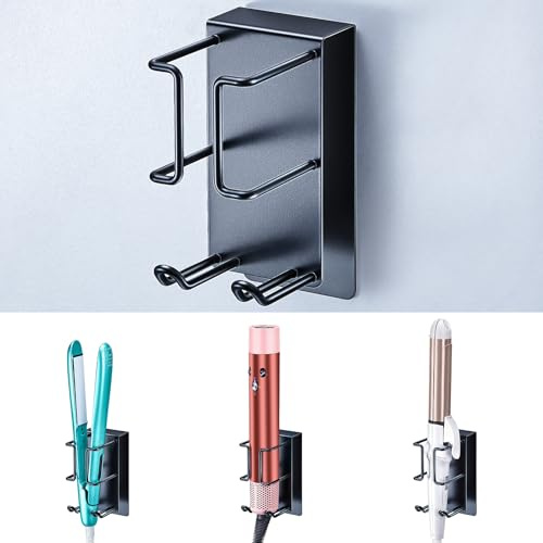 YYBO Porta phon e Piastra, Porta Piastra per Capelli Senza Foratura, Supporto Asciugacapelli da Parete Adesivo, Bagno Supporto per cilindri di arricciacapelli, Piastre (Nero)