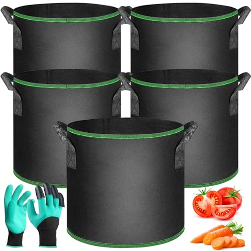 SaiXuan Lot de 5 Sacs de Plantation Noirs 30L pour, Tomates, Carottes, Fraises, Fleurs, Réutilisables avec Poignées Renforcées, Gants de Jardinage, pour Balcon, Terrasse, Jardin et Serre