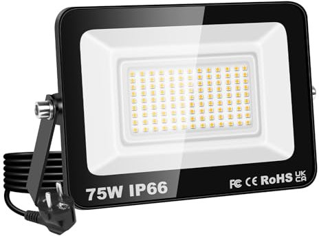 RIGIDON Projecteur Led Extérieur Avec Prise, 1x 75W 7500LM IP66 étanche Éclairage de Sécurité, Spot Led Lampe pour Patio Garage Terrasse Jardin Chantier Muraux Atelier, 3000K Blanc Chaud Luminaires