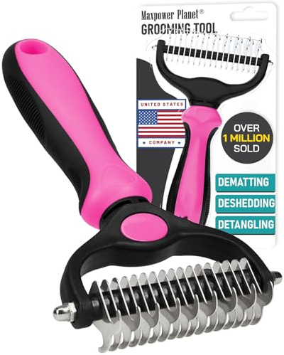 Pet Grooming Brush - Double Sided Shedding and Dematting Undercoat Rake, Dog Grooming, Dog Shedding, Cat Brush Comb for Long Haired, Pink