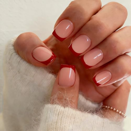 KQueenest Soft Gel Press On Nails French Tip - 30 Stück Rot Nägel zum Aufkleben Kurz Eckig, Natürlich Fake Nails Künstliche Fingernägel, Glänzende Acryl Full Cover French Nägel für Frauen