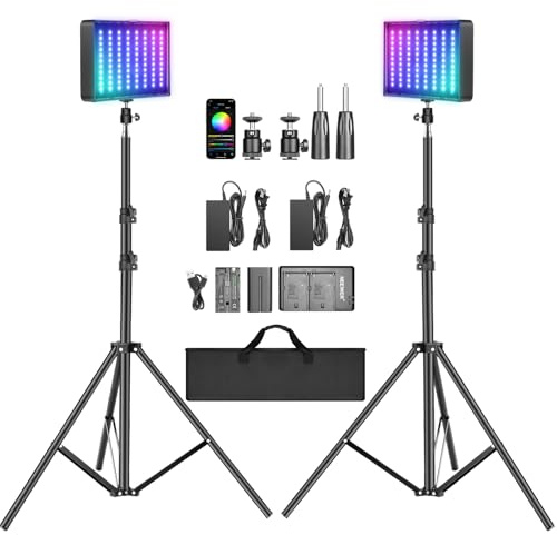 NEEWER 2 Pack RGB Video Light with Tripod Stands NP-F550 Batteries, Studio LED Panel Key Lighting Kit for Game Streaming YouTube Recording Photography Photoshoot Podcast, APP Control/CRI97+, RGB-P280