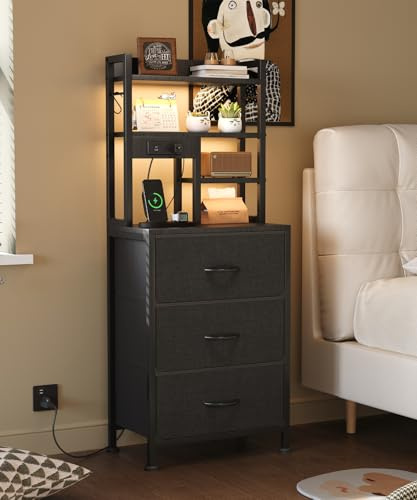 MUTUN Bedside Table with Charging Station and LED Lights, Tall Nightstand with 2 Outlets and 2 USB Ports, Sofa Table with 3 Fabric Drawers and Bookshelf for Living Room, Bedroom, Office (Black)