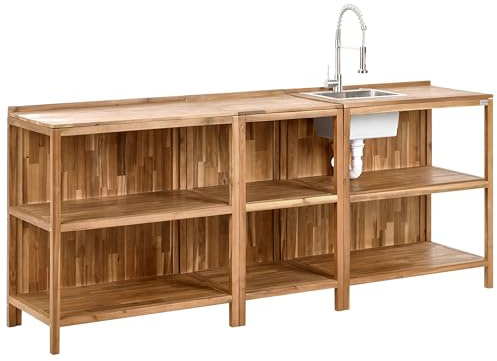 Beliani Conjunto de 3 Islas de Cocina Exterior de Madera de Acacia con Fregadero y Grifo estantes encimera de Madera Maciza Acero Inoxidable marrón y Plateado Venosa