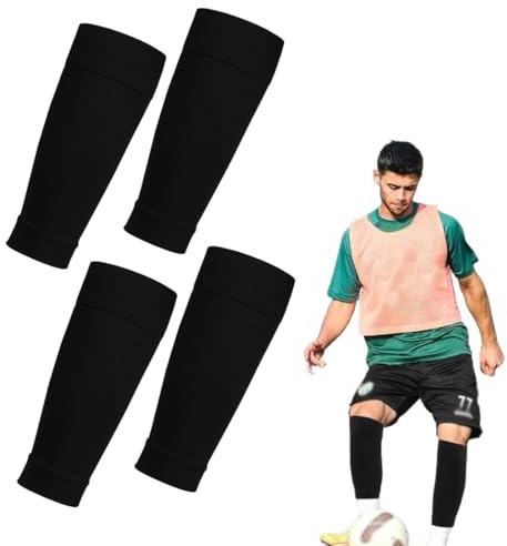 OUDQFCJ 2 Paires Chaussette Protège Tibia de Football,Noir Respirantes Support Protège Tibia Foot Manchon,Manchons de Compression du Mollet avec Poches pour Enfants Adultes Débutants