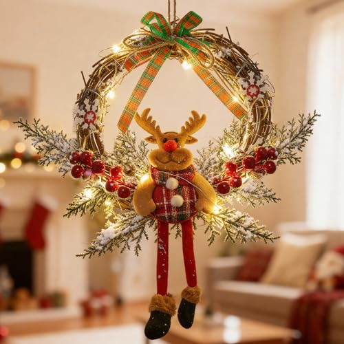 Ghirlanda per porta di Natale, 35 cm, con LED, decorazione natalizia, per porta di casa, con luce LED, ghirlanda di alce in rattan, decorazione natalizia da appendere per porta di casa, pareti