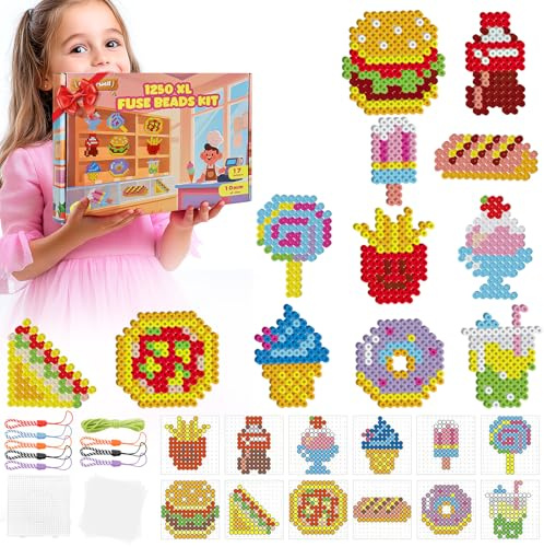 Set di perline da stirare grandi da 10 mm, 17 colori, 1250 pezzi, XL con piastra, 12 motivi alimentari, 8 cordini e 5 fogli da stiro, set di perline creative, regalo fai da te per bambini dai 3 anni