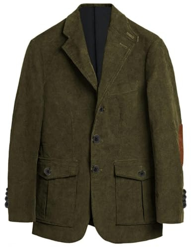 Stillluxury Giacca Blazer da uomo in velluto a coste a righe con toppe sui gomiti casual vintage business formale sportiva, Verde oliva, XL