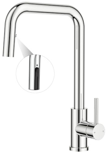 FORIOUS Rubinetto da cucina, Rubinetto miscelatore cucina con doccetta estraibile, Rubinetto lavello cucina 360° rotante, miscelatore monocomando acqua calda e fredda, Cromo Lucido