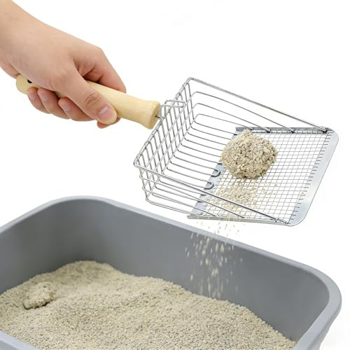 SUAOEO Metal Cat Litter Scoop with Ergonomic Wooden Handle, Large Size | Pet Waste Removal Tool,For All Cat Litter Types, Durable Stainless Steel Sifter, For Cat Litter Boxes