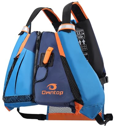 Owntop Aiuto al Galleggiamento per Adulti | Giubbotto Galleggiante Regolabile con Schiena in Rete, Fischietto e Tasche Grandi | Gilet Sportivo per Kayak, Pesca, Barca (Blu,XL-XXL)