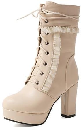 Eestfy Stivali Donna Lolita con Platform Tacco Alto Volant Lacci Tacco Largo Cerniera Laterale Stile Sweet Punk per Streetwear Autunno Inverno,Beige,47 EU