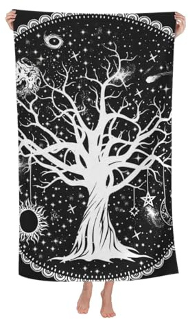 peiyeety Serviette de Plage Arbre de Vie Mandala Lune et Soleil Motif Mystique Noir en Microfibre, Grande Taille Tropicale, séchage Rapide, Anti-Sable, pour Femmes, Filles et Enfants