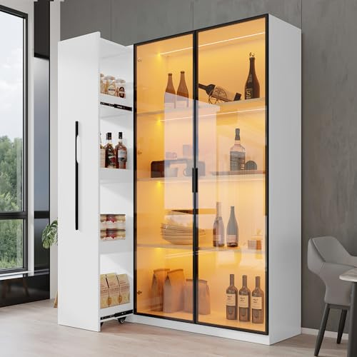 Dolamaní Vitrine 110.5×35×160 cm mit 4-Lagen Glastüren Glasvitrine und Seitlicher Auszug für zusätzlichen Stauraum & LED-Beleuchtung, Eckvitrine für Wohnzimmer,Schlafzimmer,Büro (Weiß CD)