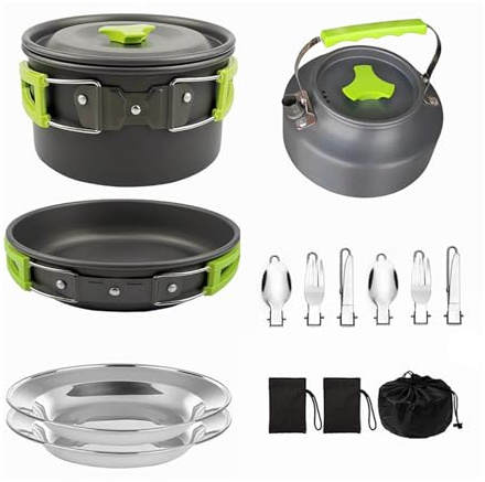 Juego de Utensilios de Cocina para Acampar, Antiadherente, Ligero, portátil, Olla, hervidor, Platos de Acero Inoxidable, Utensilios para cocinar al Aire, Camping, Senderismo, (Green)