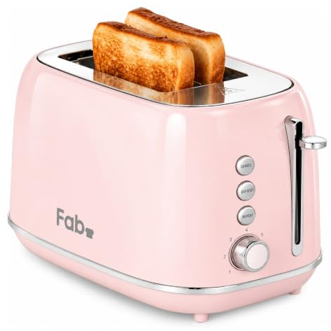 Fab by Kitchen in the box Toaster 2 Slice Extra Wide Slot, 7-Level Browning | Stainless Steel Toaster with Defrost, Reheat & Cancel Functions, Removable Crumb Tray, 800W, Compact 2 Slice Toaster (Pink)